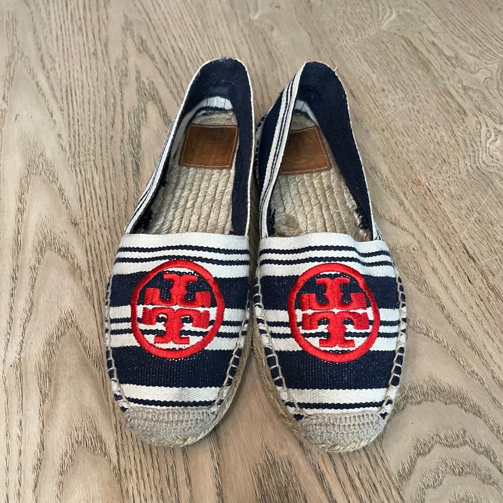 Tory Burch Canvas Striped Espadrille Slip On Red Navy Nautical Women’s Size 8